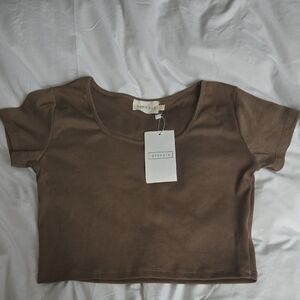 Brown Fitted Crop T-Shirt Short Sleeve